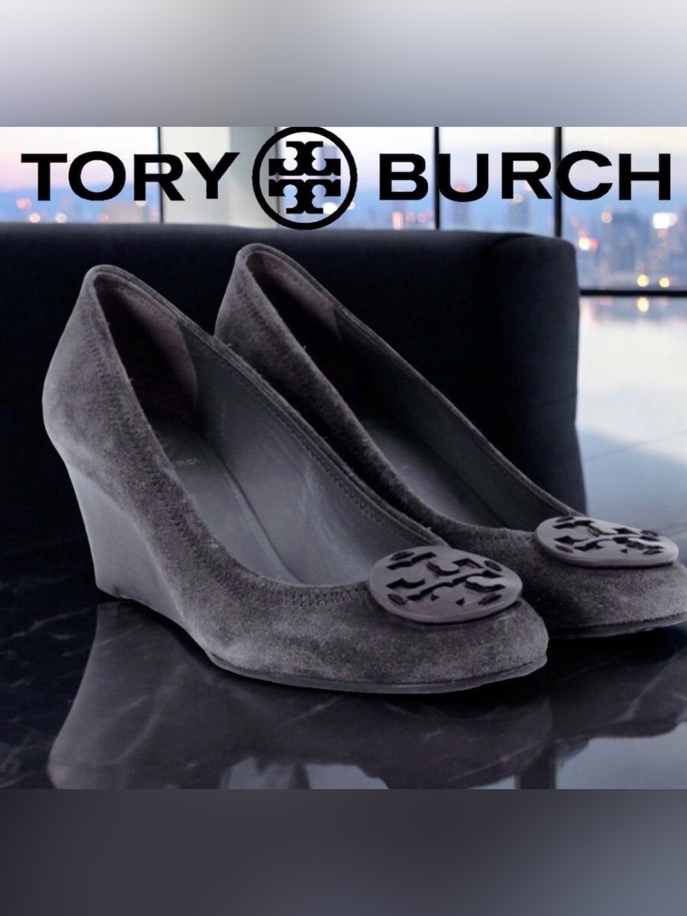 TORY BURCH Sally Wedges Gray Suede Leather Medallion Women's Size 6